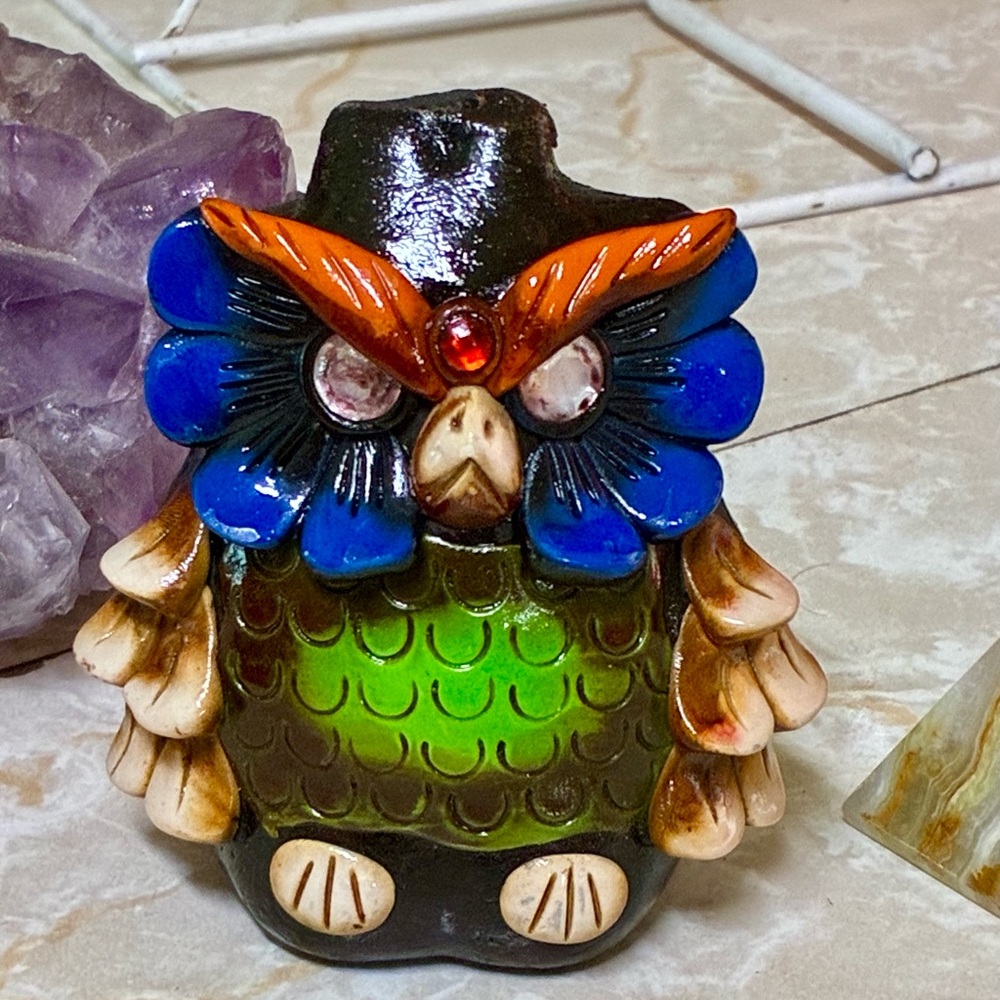 Hand-Painted Blue & Green Aztec Clay Owl Whistle Figurine